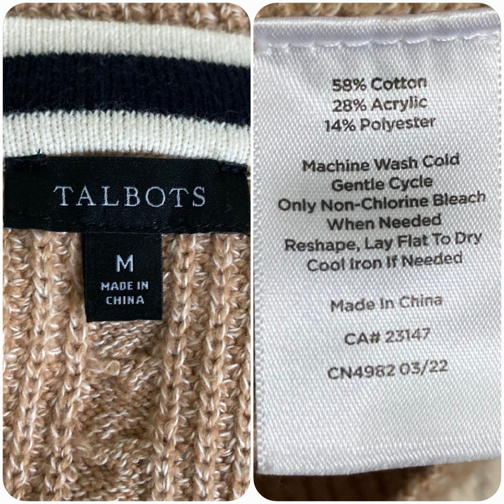 Talbots Cable Knit long Cardigan Sweater Size M Button down Cotton Preppy Tipped - Picture 17 of 17